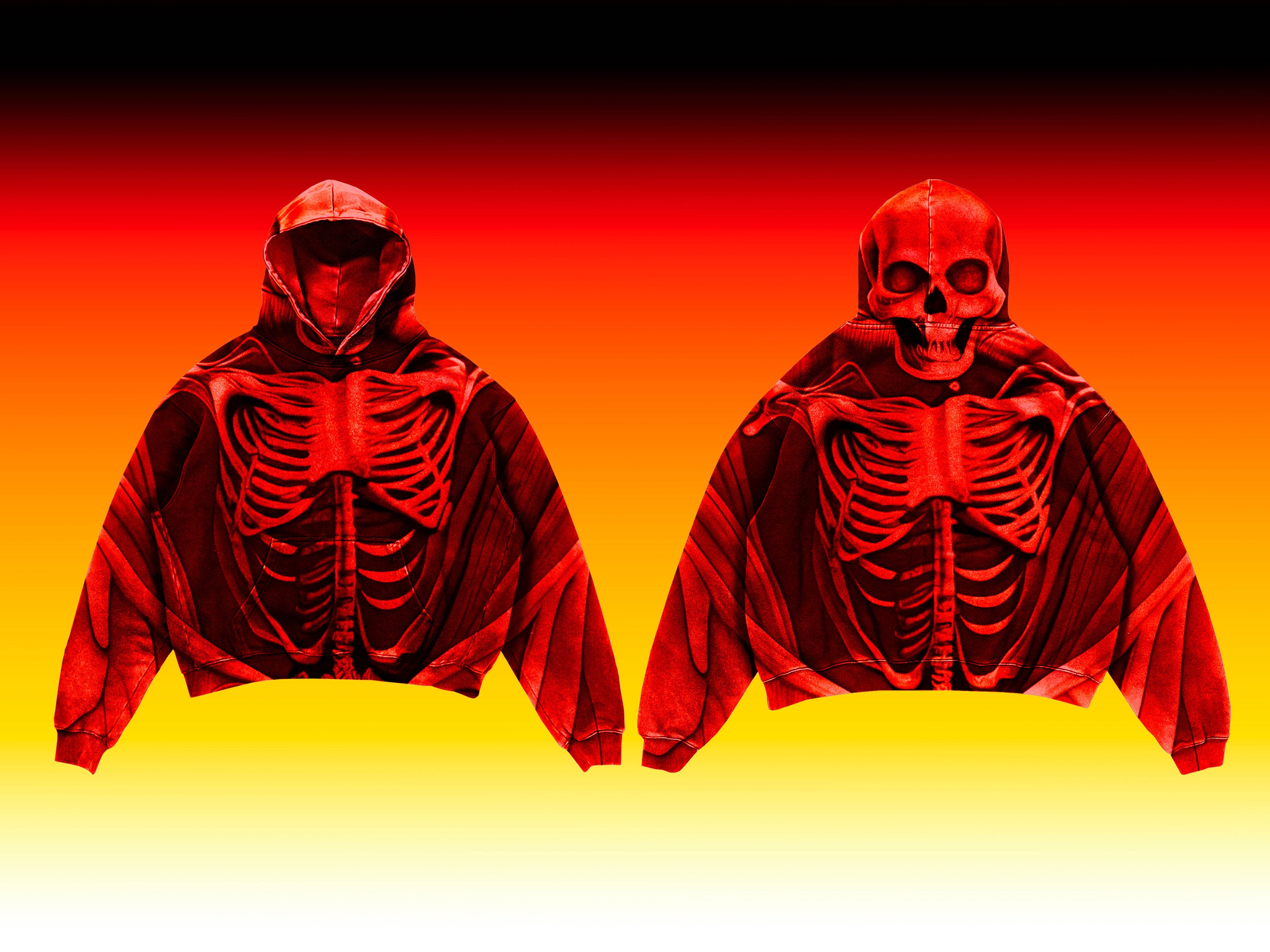a bold, red skeleton-themed design on a streetwear hoodie, created 