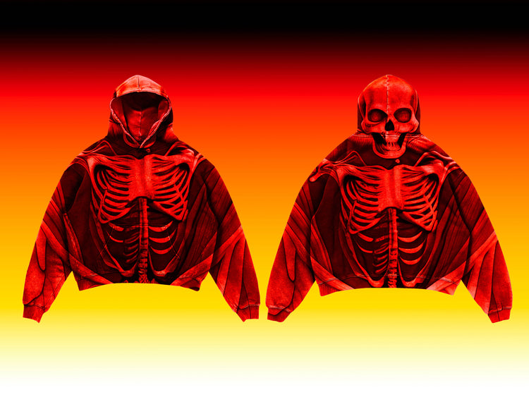 a bold, red skeleton-themed design on a streetwear hoodie, created 